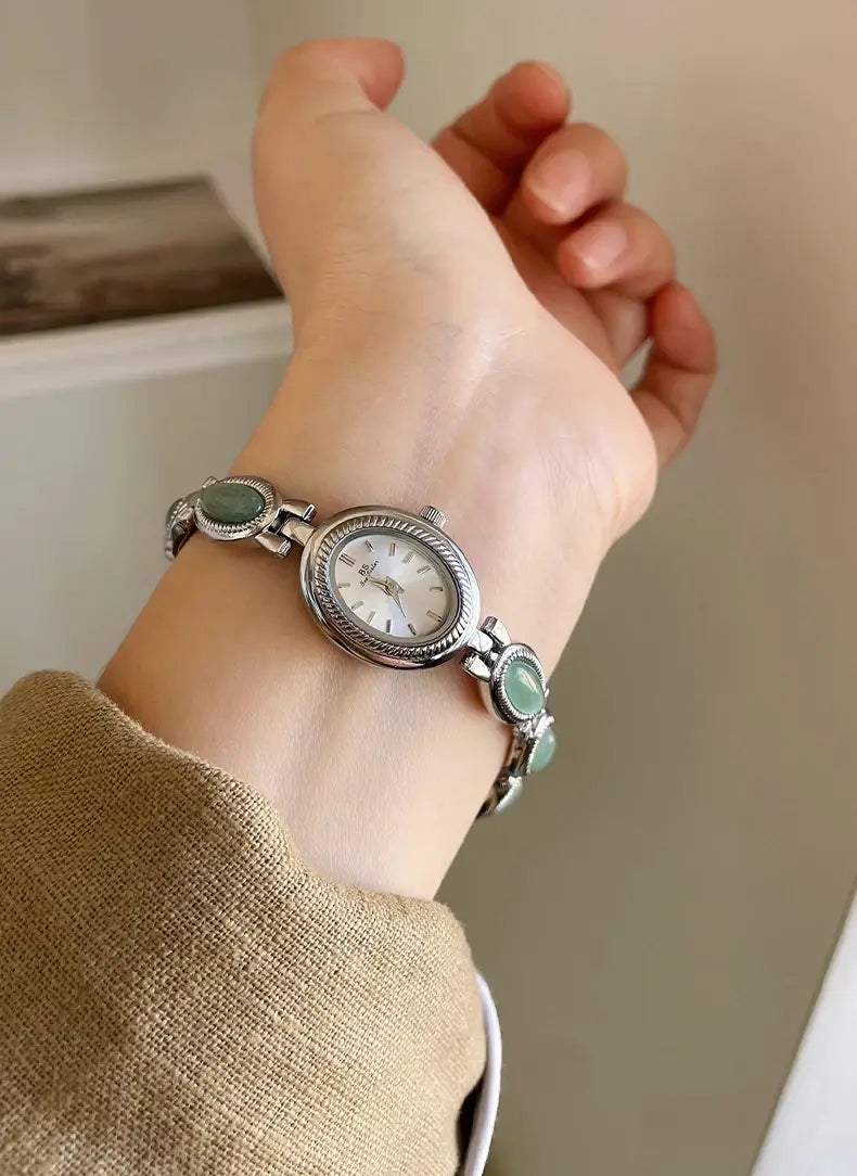 Women’s Watch Natural Premium Jade Gold Silver Bracelet Quartz