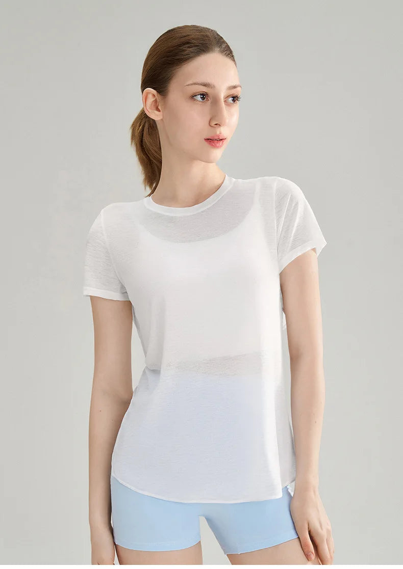 Women Yoga Short Sleeve Light Thin Back Hollow Out Breathable Loose Blouse