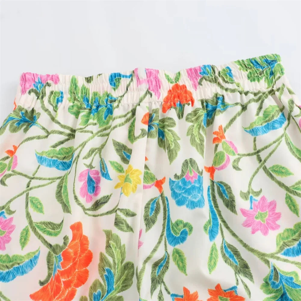 Women’s Simple and Elegant Flip Collar Printed Shirt Mid Waist Straight Leg Pants Casual Set