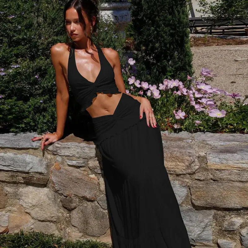 Elegant Two Piece Sets Sleeveless Frill Halter Twist Top Dress