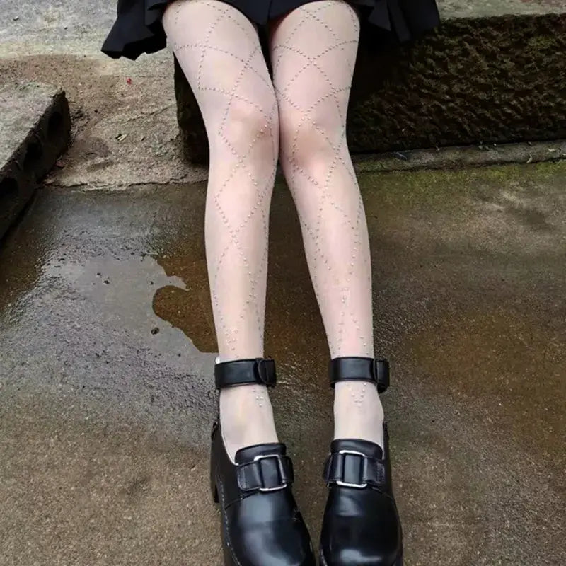 Pantyhose Women Rhinestone Plaid Slim Stockings