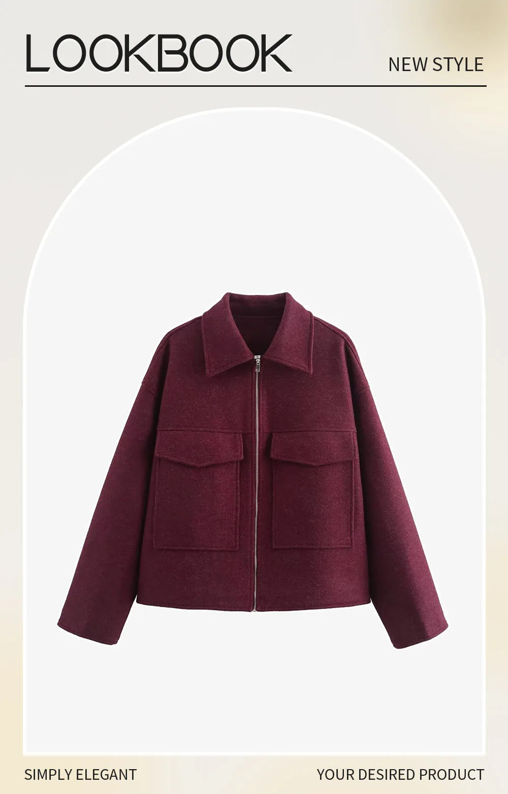 Women’s Clothing Style Fashion Versatile Wine Red Large Pocket Zipper Woolen Coat