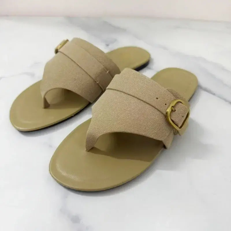 Suede Women Flip Flops Metal Buckle Belt Large Size Flat