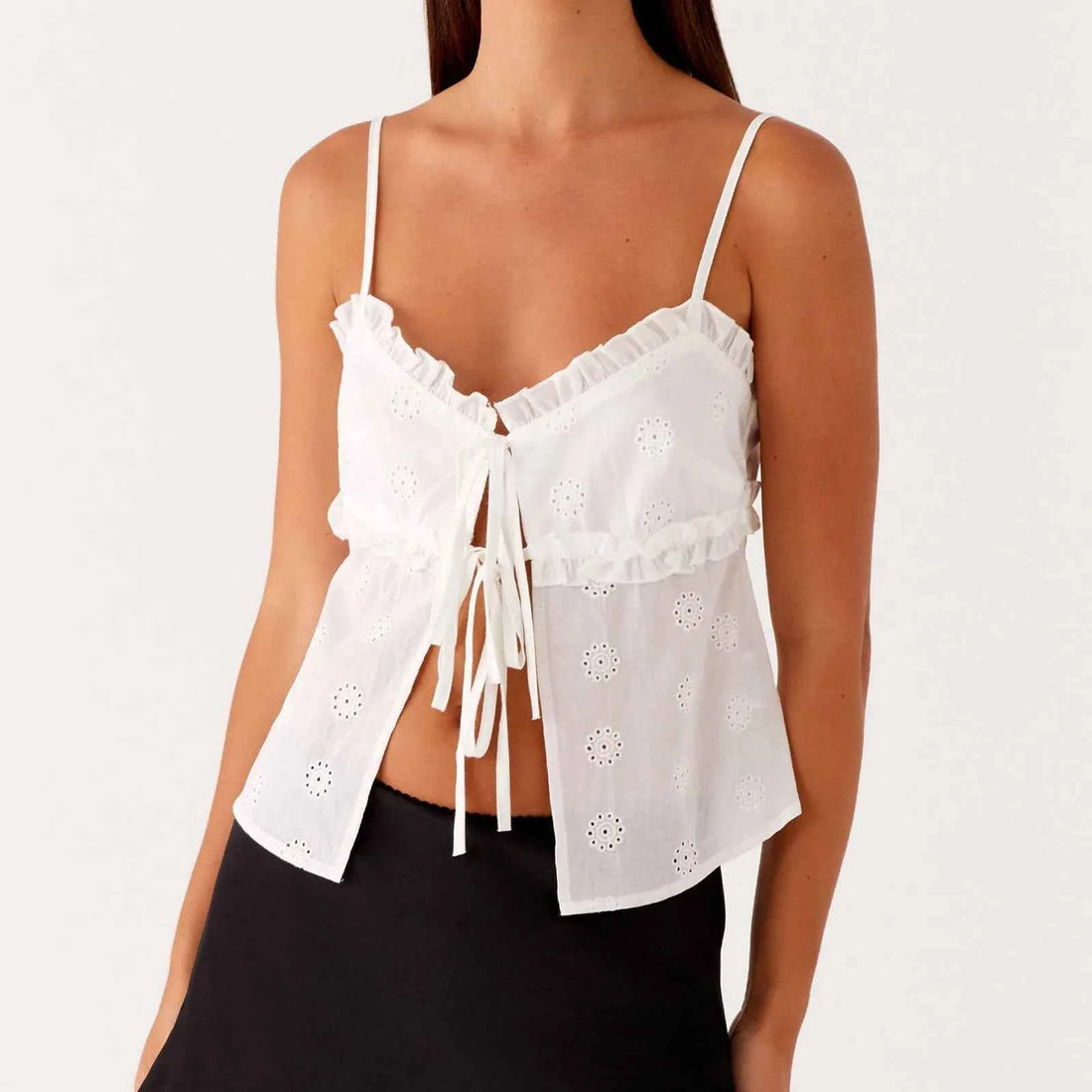 Women Cutout Eyelet Ruffle Tie Front Spaghetti Straps Tank Top
