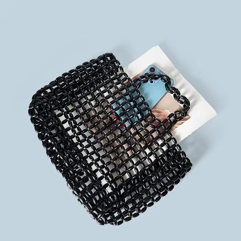 Summer Women’s Handwoven Totes Beach Holiday Hollowed-Out Wooden Beaded Bag