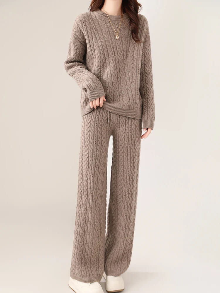 100% Wool Suit Women’s Pullover Sweater Knitting O-neck Wide Leg Pant
