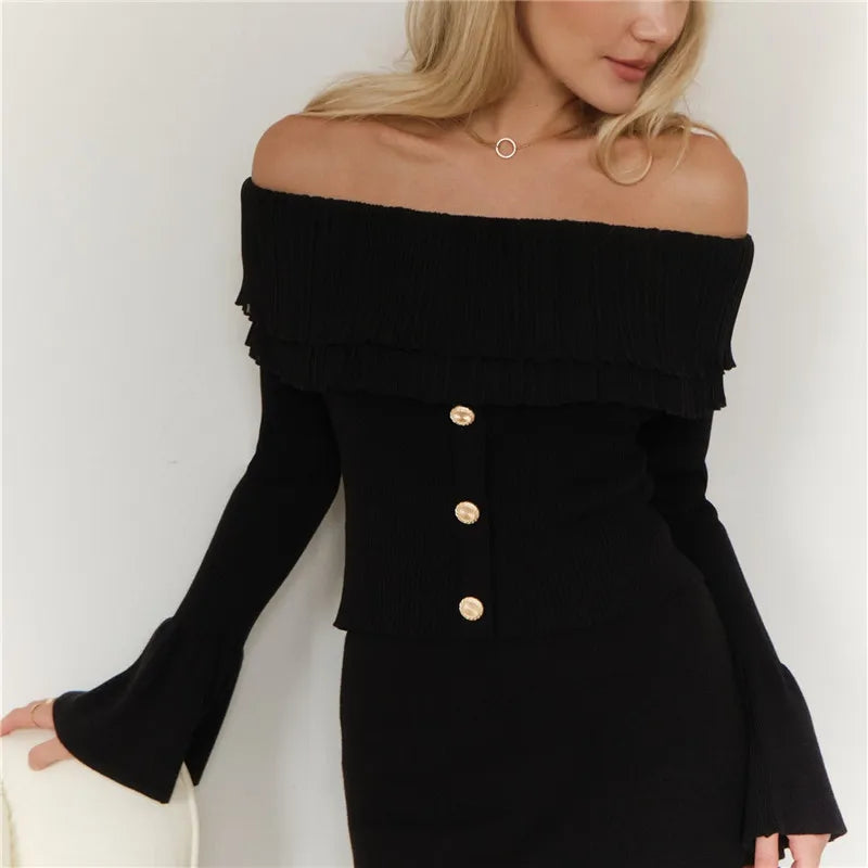 Knit Ruffles Pullover Sweater Flare Sleeve Patchwork Off-Shoulder Women’s Knitwear