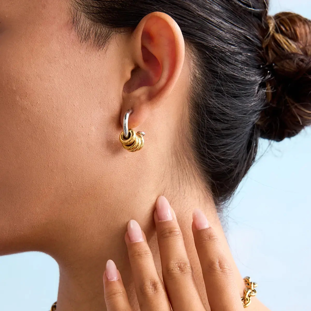 Simple Classic Two tone Multi ring C-shaped Hollow Earrings Stainless Steel