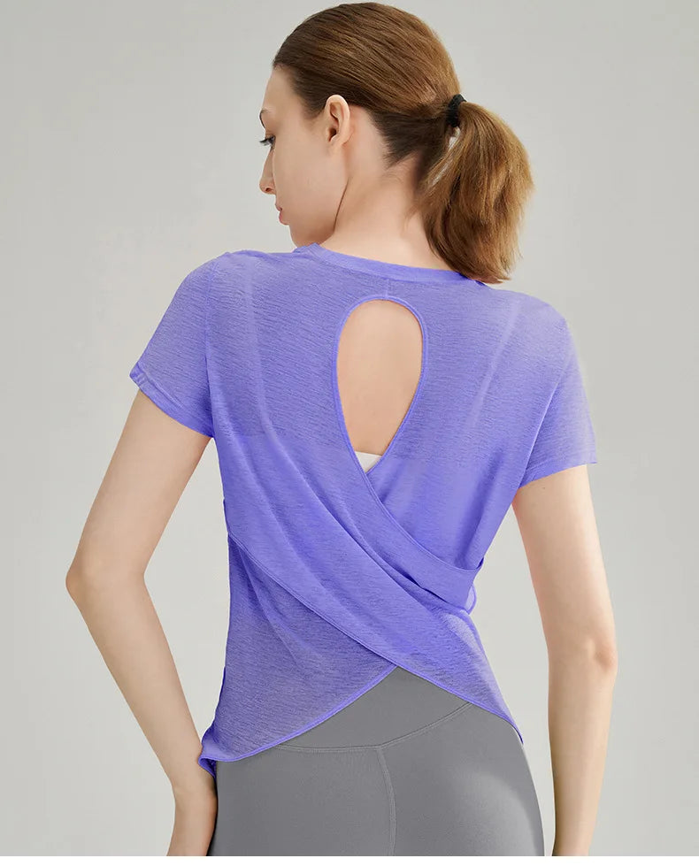 Women Yoga Short Sleeve Light Thin Back Hollow Out Breathable Loose Blouse