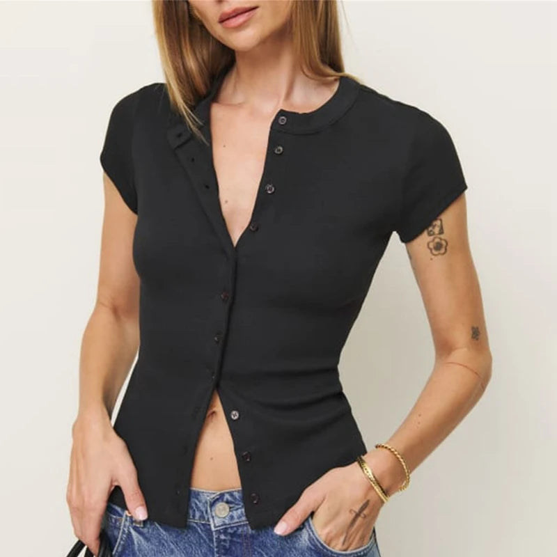 Women Solid Color Rib Knitted T-shirt