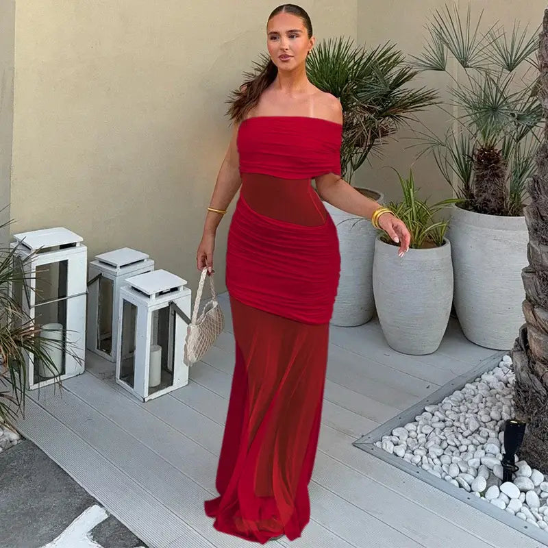 One Shoulder Mesh Maxi Dress Women Off-shoulder Strapless Sleeveless Backless