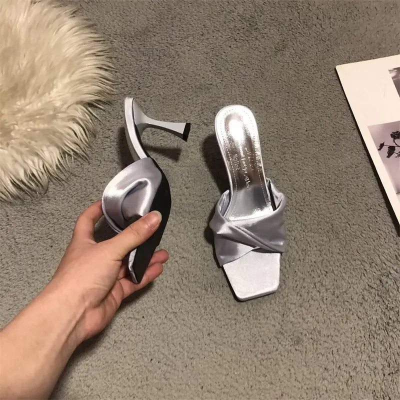 Satin Slippers Women Square Toe High Heels