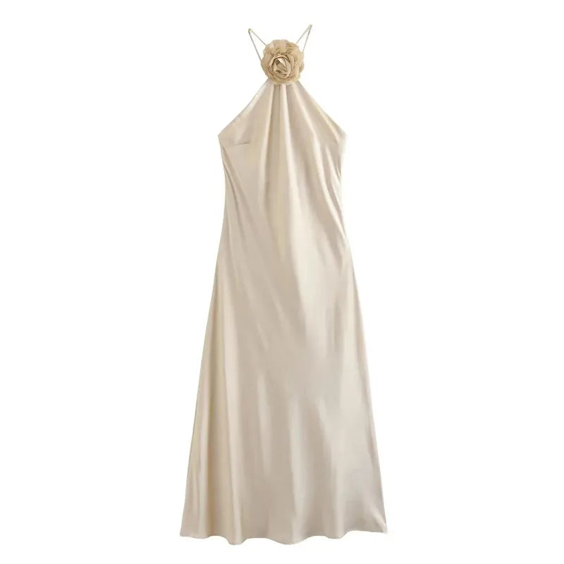 Flower Halter Dress Woman Off Shoulder Satin Long Dress Women - Norellé