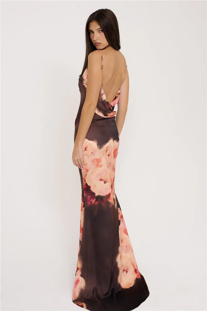Satin Floral Print Maxi Dress Women