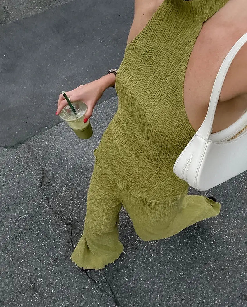 Hanging Green Pants Set Sleeveless Backless Two-piece
