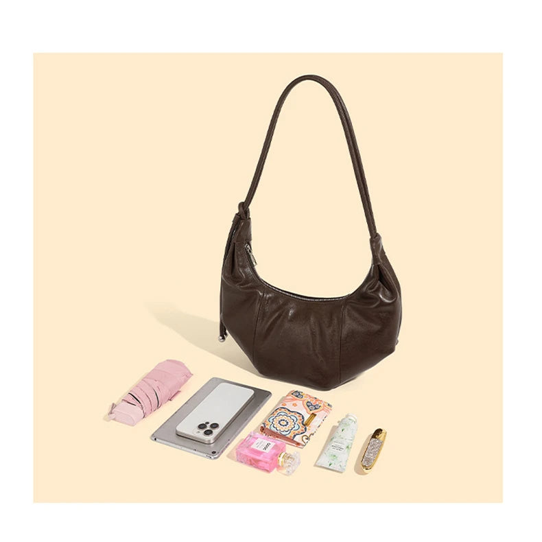 Cowhide Genuine Leather Half Moon Shoulder Bag
