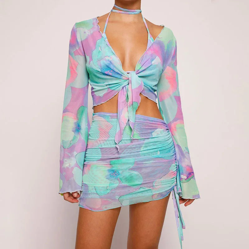 Two Piece Set Blue Tie Dye Mesh Crop Top Cardigan Mini Skirts