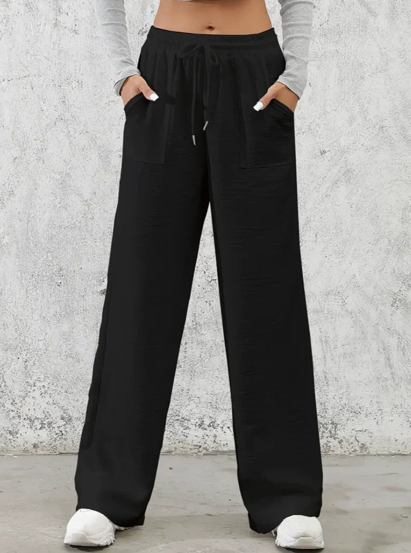 Solid Drawstring Wide Leg Pants