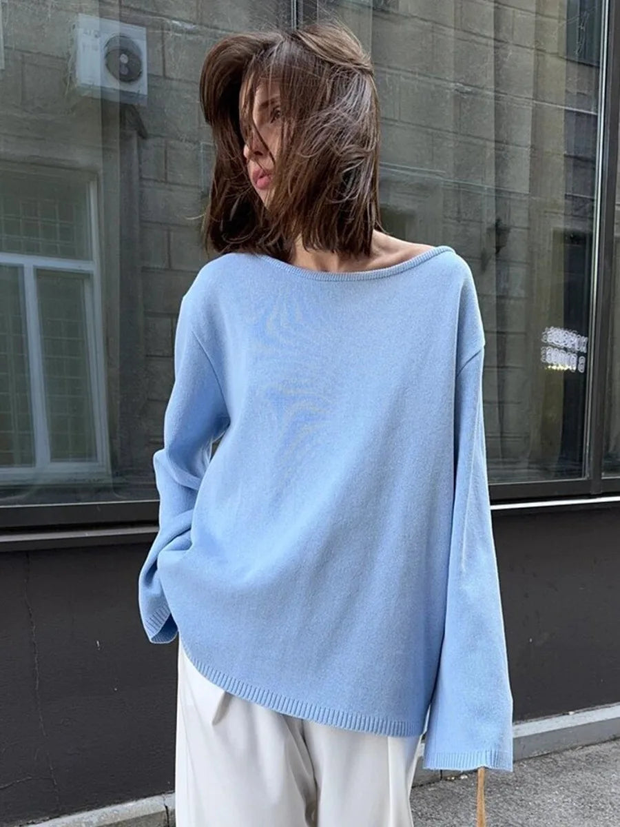 Backless O-neck Cotton Knit Sweater