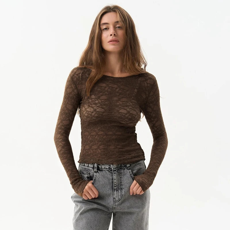 Lace Women'S Tops Hollow Out Basic Casual Elegant Long Sleeve - Norellé