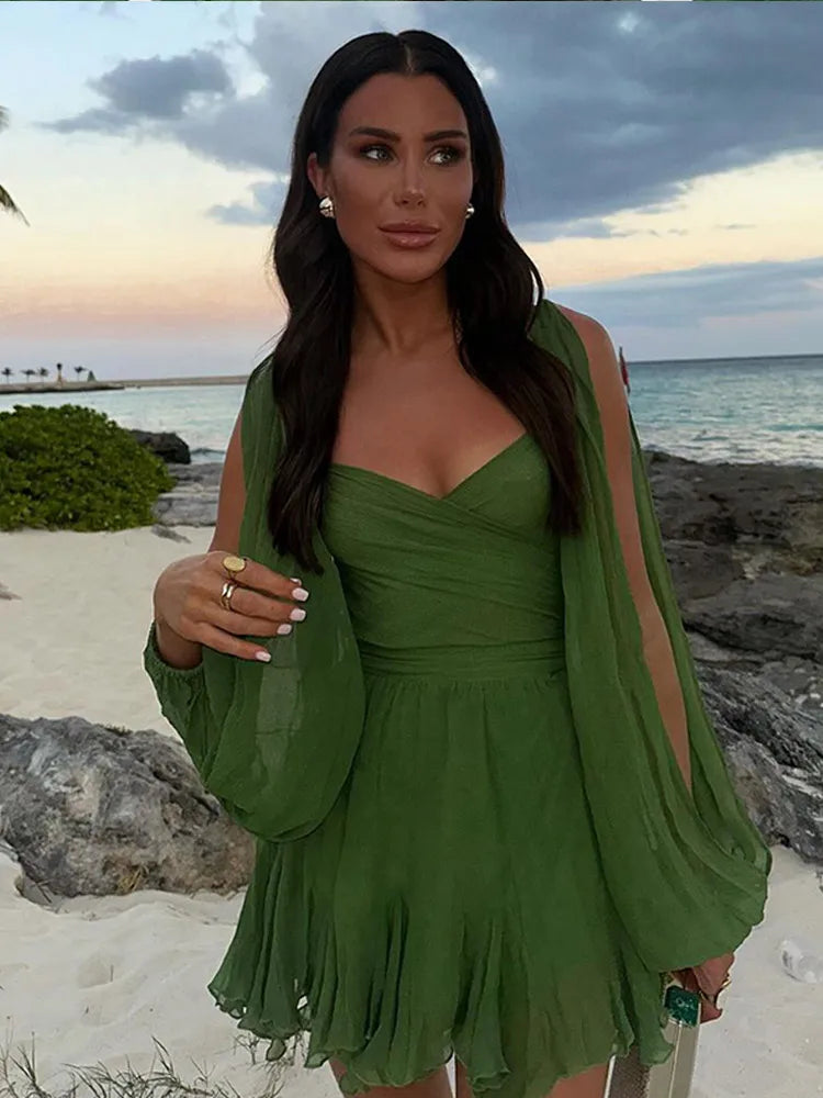 Women's Fashion Green Chiffon Mini Dress Elegant V-neck Split Long - Norellé