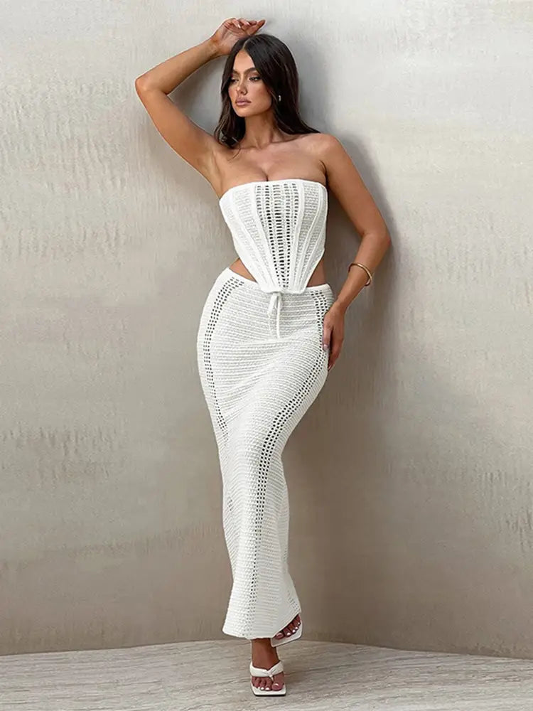 Knitted Beach Suit Women Backless Long Skirt and Top Set