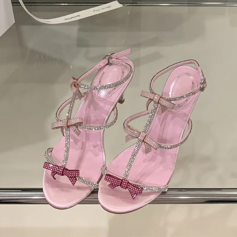 Sweet Pink Bowknot Rhinestones T-Strap Women Gladiator Sandals