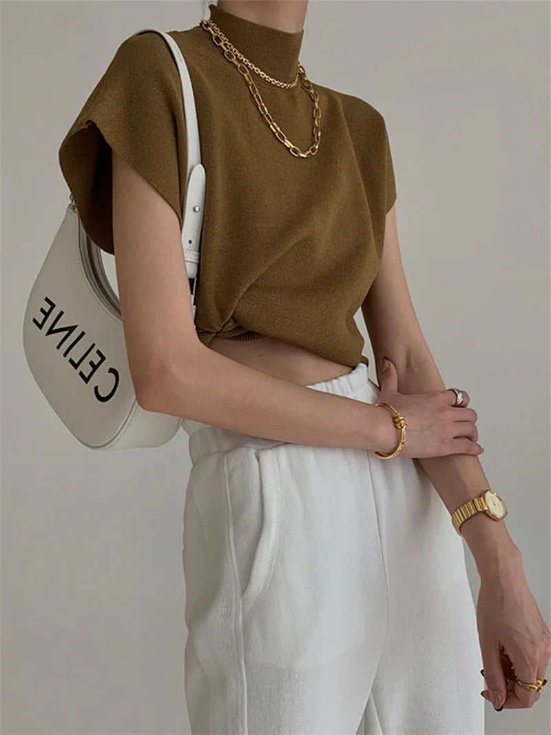 Vest Shirt Solid Stand-up Collar Knitted Sweater Short Sleeve - Norellé