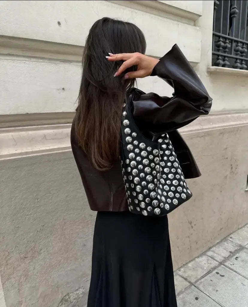 Punk Style Embellished Double-Faced Round Niche Bucket Bag