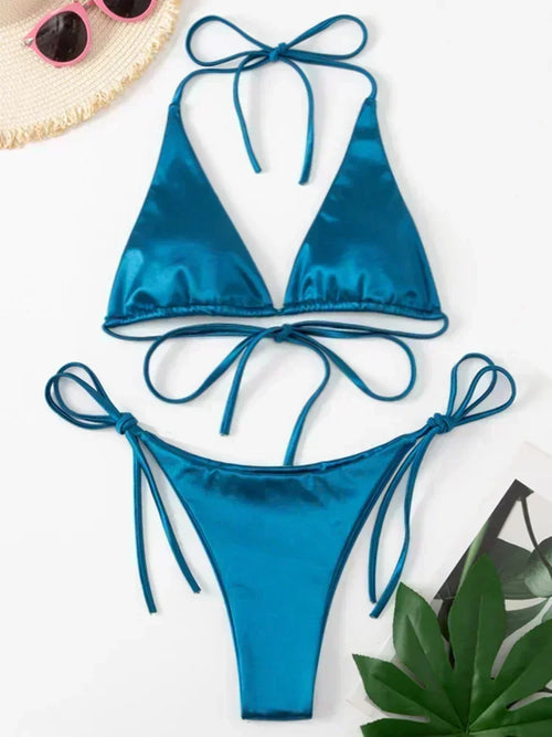 Halter Brazilian Metallic Satin Bikini Women Swimwear Female Swimsuit - Norellé