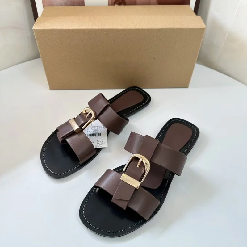 Brown Double Strap Buckle Flat Sandals For Women