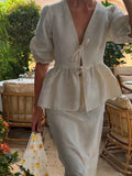 Dress Sets V-neck Lace-up Shirt Blouse A-line Long Skirt Suit