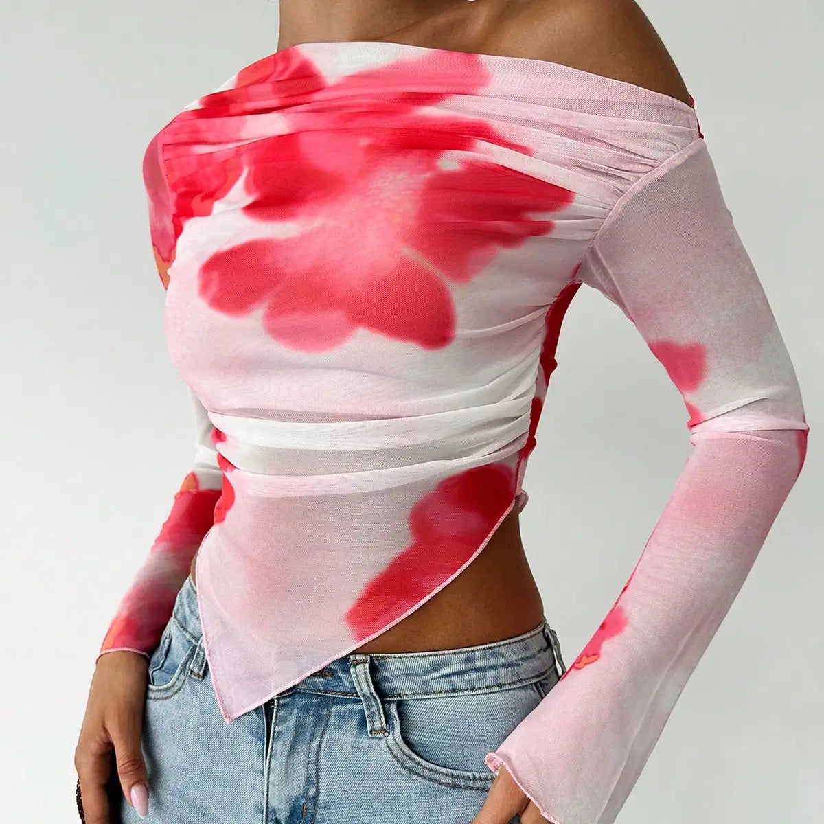 Mesh Print Diagonal Shoulder Long Sleeve Top