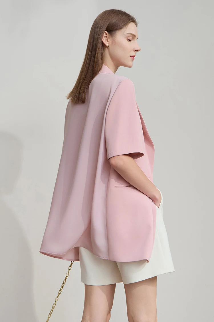 Lapel Contrast Material Patchwork One Button Short Sleeve Blazer