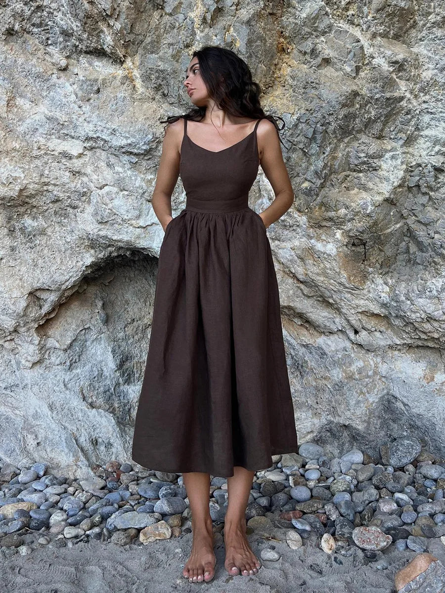 Women Elegant Lace-Up Pockets A-Line Dress - Norellé