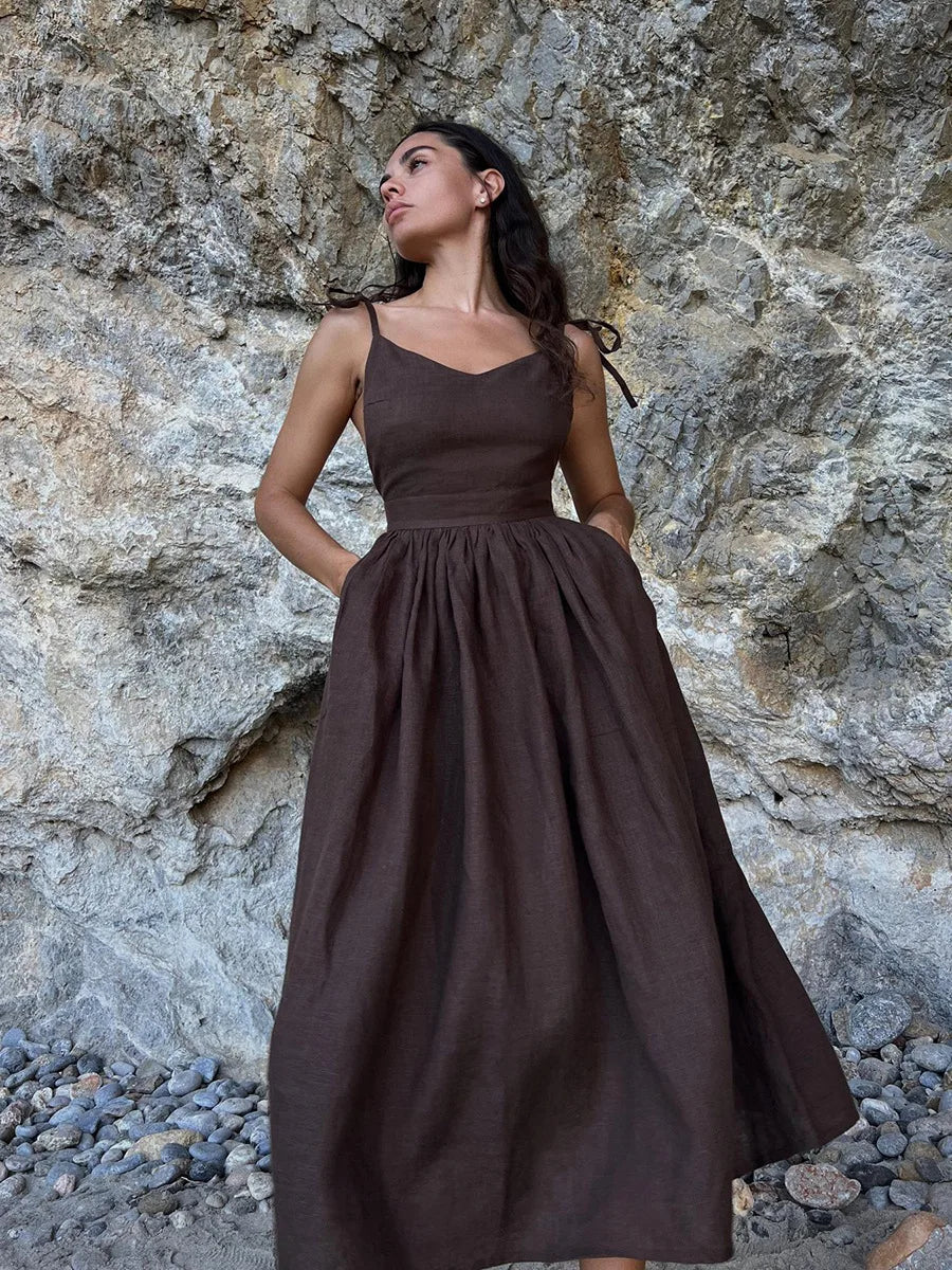 Women Elegant Lace-Up Pockets A-Line Dress - Norellé
