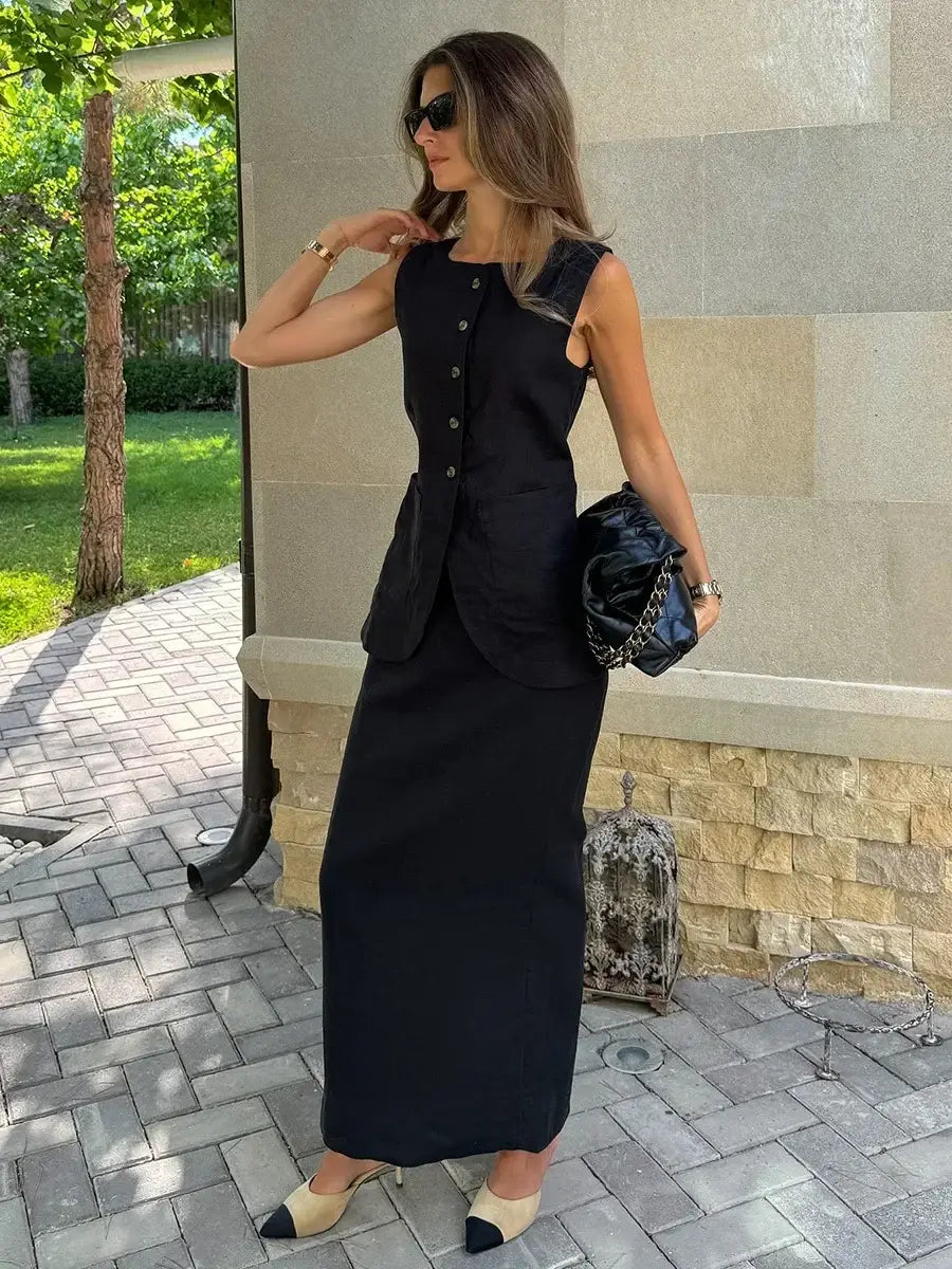 Women’s Sleeveless Vest High Waisted Skirt 2-Piece Set