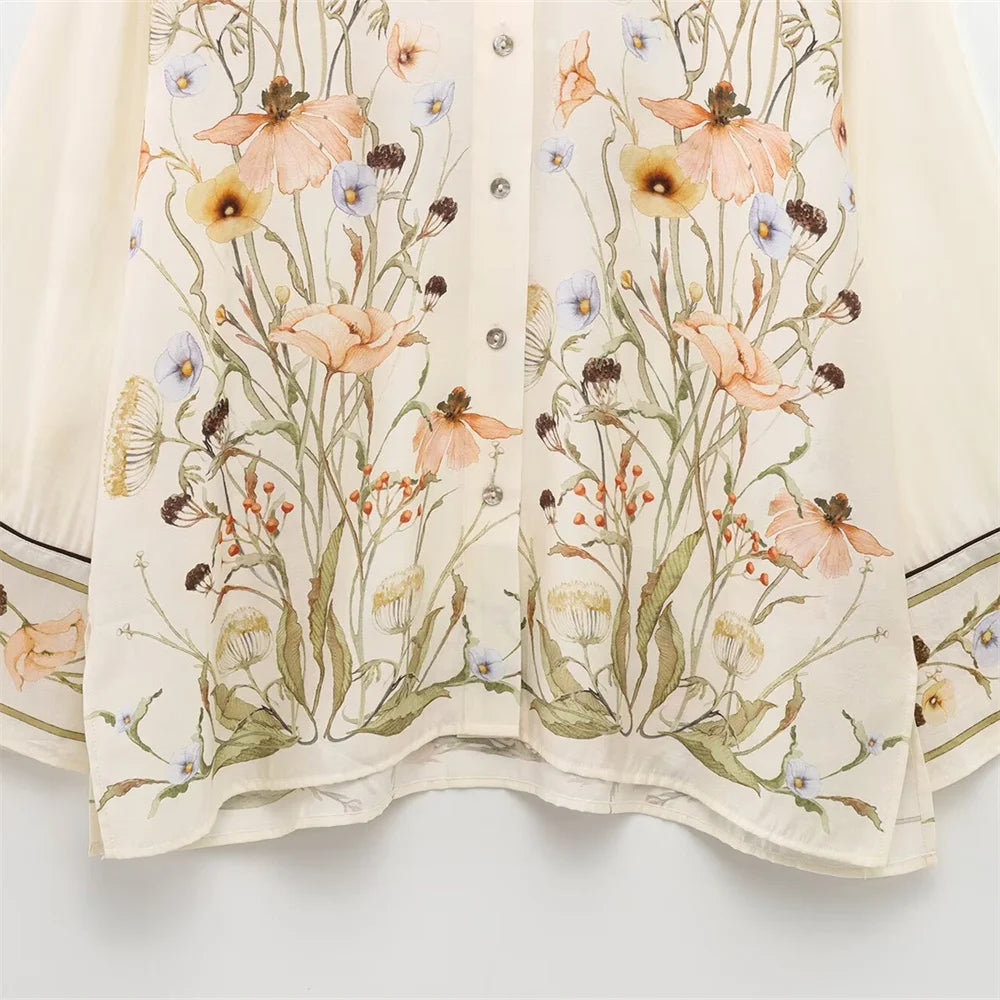 Women’s Floral Pattern Shirt With Rolled Edge Design Long Pants