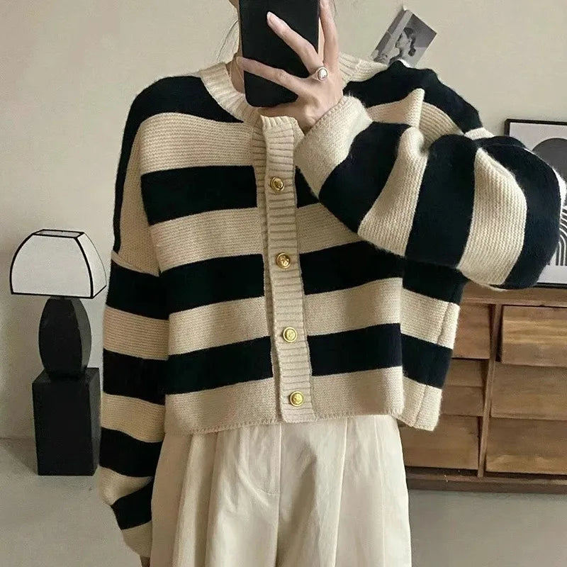 Striped Knitted Cardigans Women Button Up Loose Cardigan - Norellé