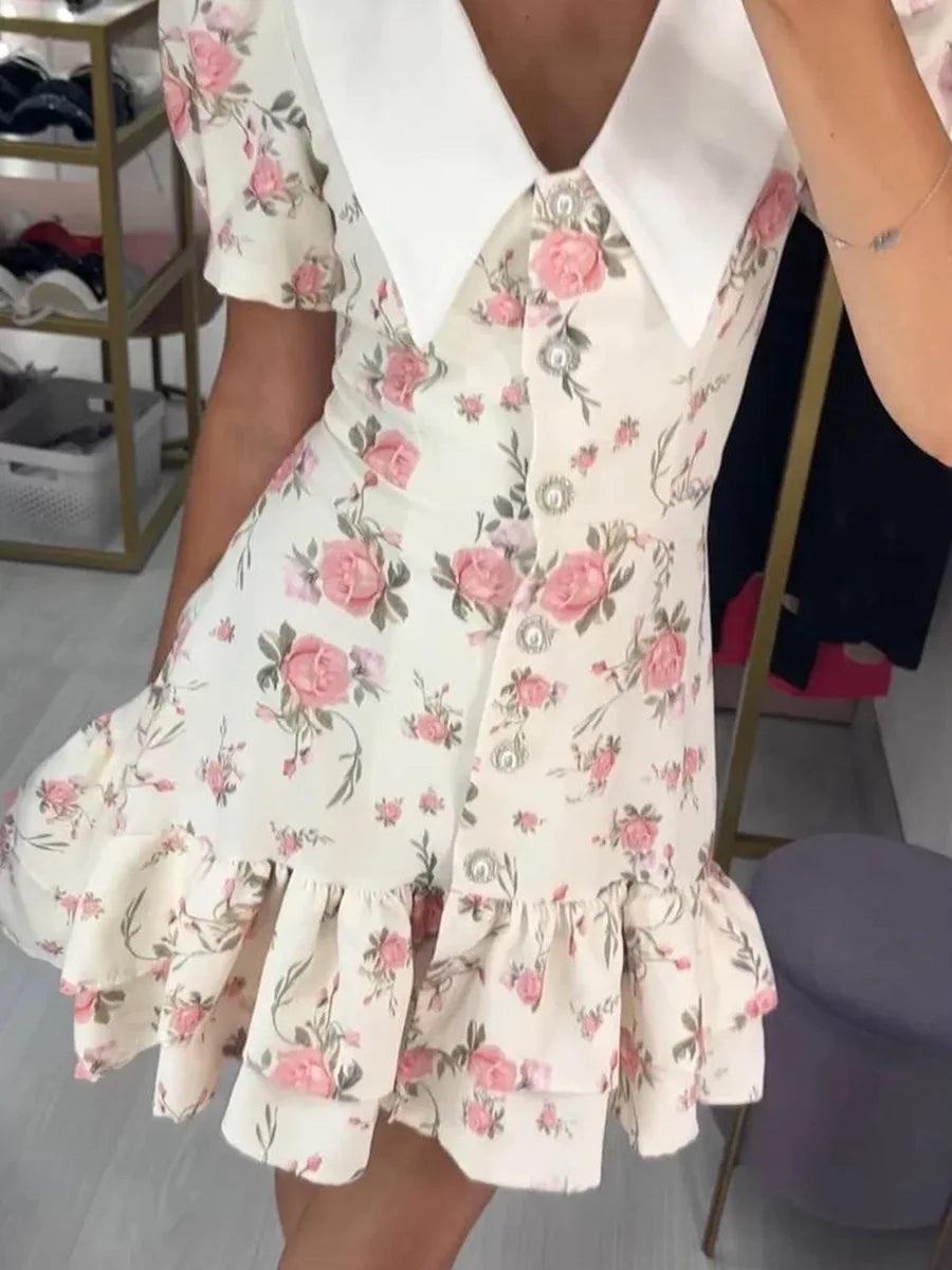 Print Puff Sleeves Ruffled Dress