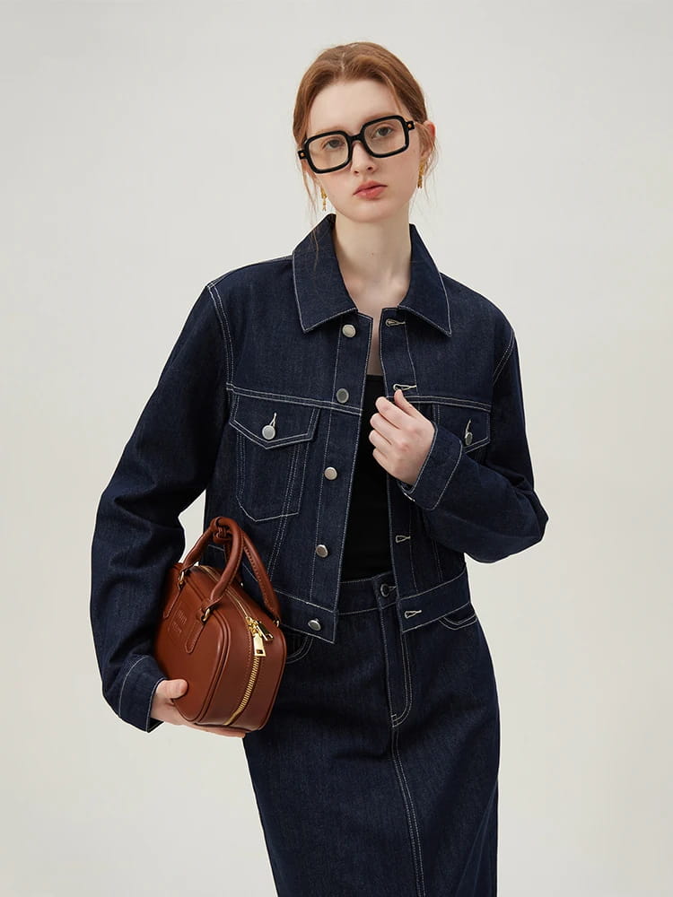 Retro Casual Denim Short Coat Skirt Suit for Women