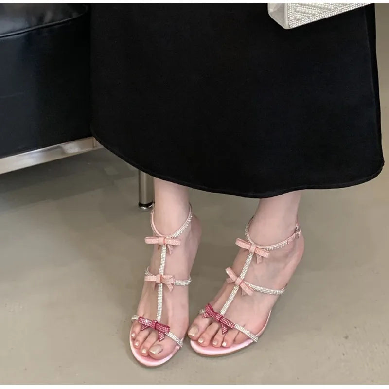 Sweet Pink Bowknot Rhinestones T-Strap Women Gladiator Sandals