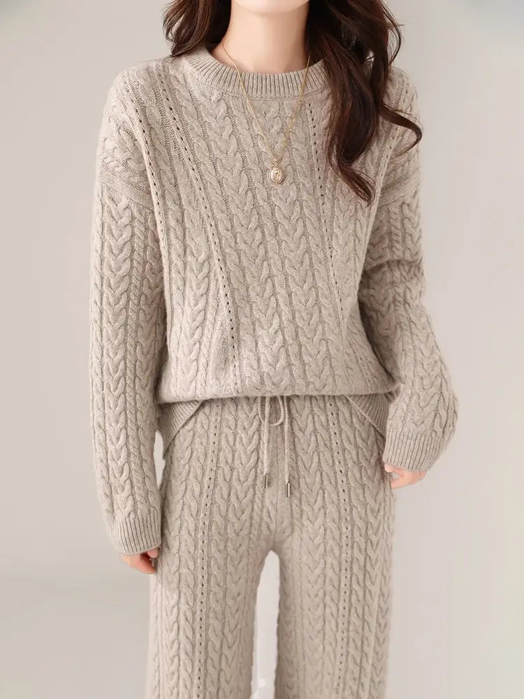 100% Wool Suit Women’s Pullover Sweater Knitting O-neck Wide Leg Pant