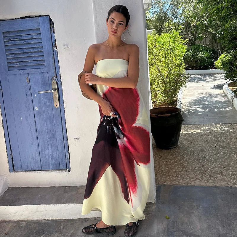 Strapless Print Floral Belt Women Maxi Dress Yellow - Norellé