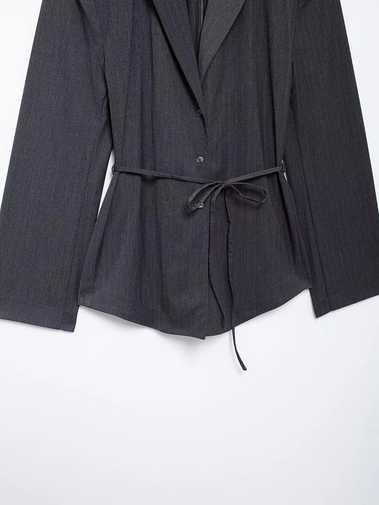 Women Fashion With Belt Striped Single Breasted Blazer Vintage