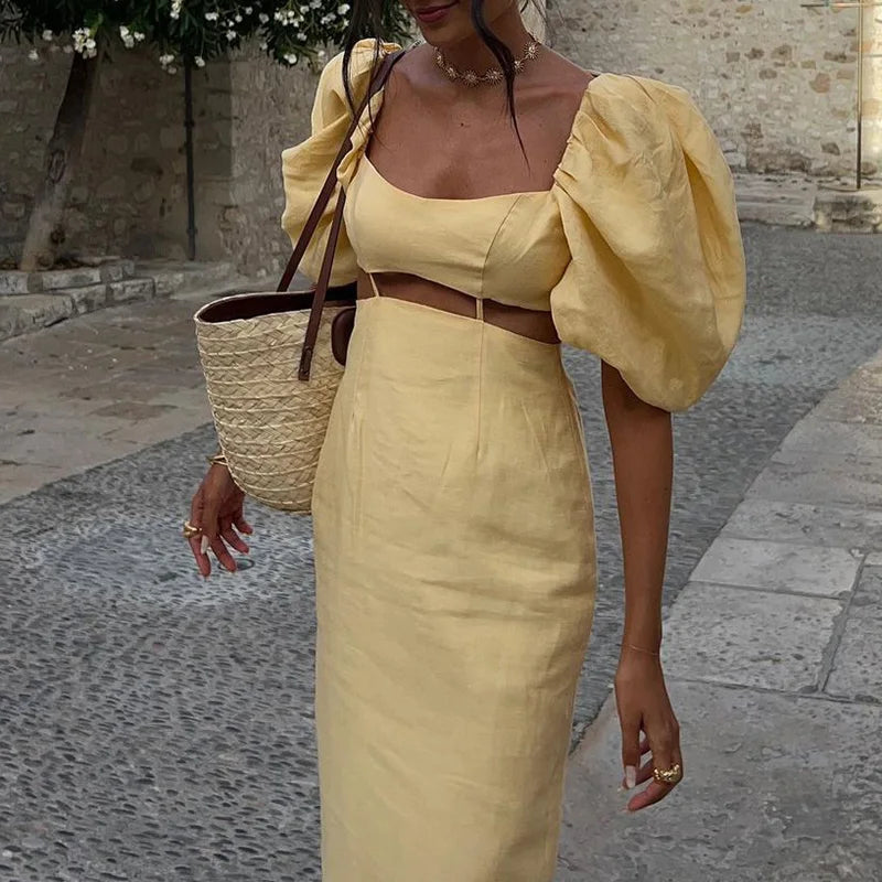 Yellow Puff Sleeve Hollow A-line Dress - Norellé