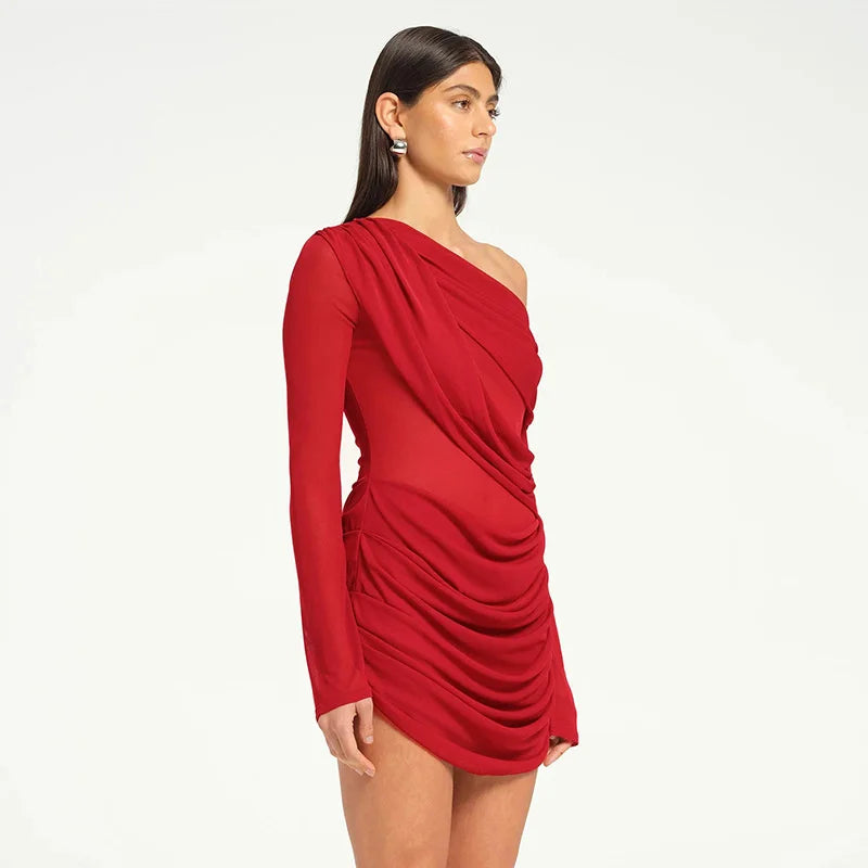 Mesh One-shoulder Long Sleeve Mini Dress