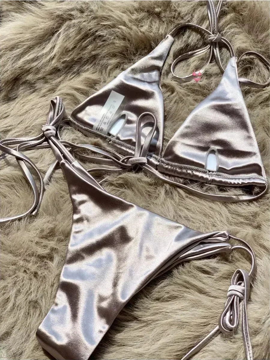 Halter Brazilian Metallic Satin Bikini Women Swimwear Female Swimsuit - Norellé