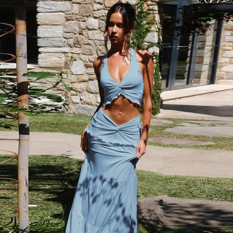 Elegant Two Piece Sets Sleeveless Frill Halter Twist Top Dress