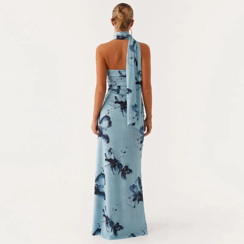 Elegant Floral Print Maxi Dress Backless